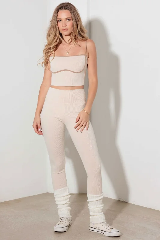 Flowing Silhouette Hot Girl Le Lis Ribbed Crop Cami and High Waist Brushed Leggings Set In Cream