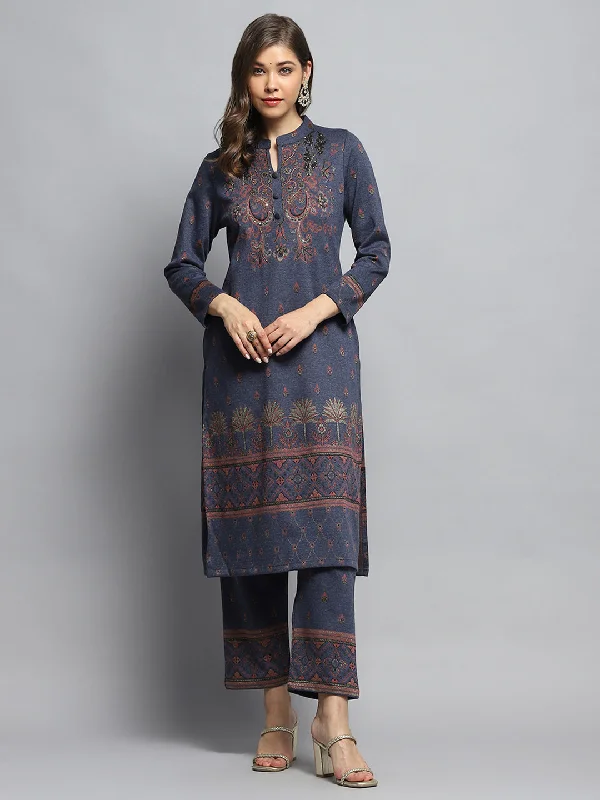 Brand Name Clothing Discount Extravaganza Women Navy Blue Self Design Mandarin Collar Full Sleeve Kurti Set