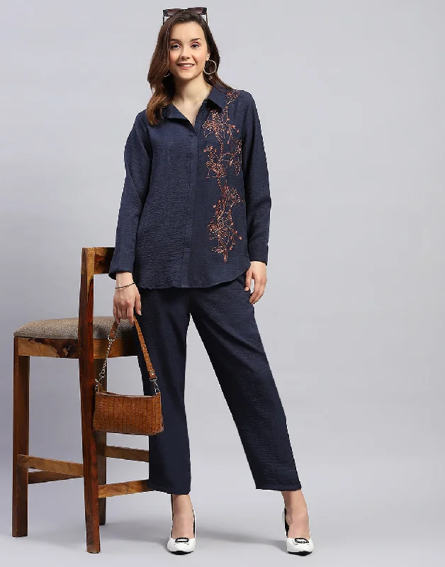 Flash Sale, Don't Miss Women Navy Blue Floral Print Collar Neck Full Sleeve Cords Set