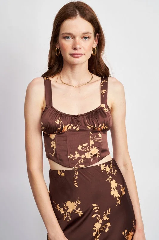 Enjoy Discount Hot Girl Peruvian Lily Floral Ruched Corset Top In Brown