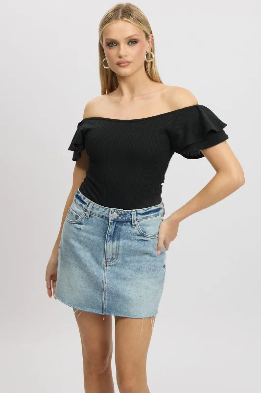 Day To Night Styles Black Bodysuit Ruffle Sleeve Textured