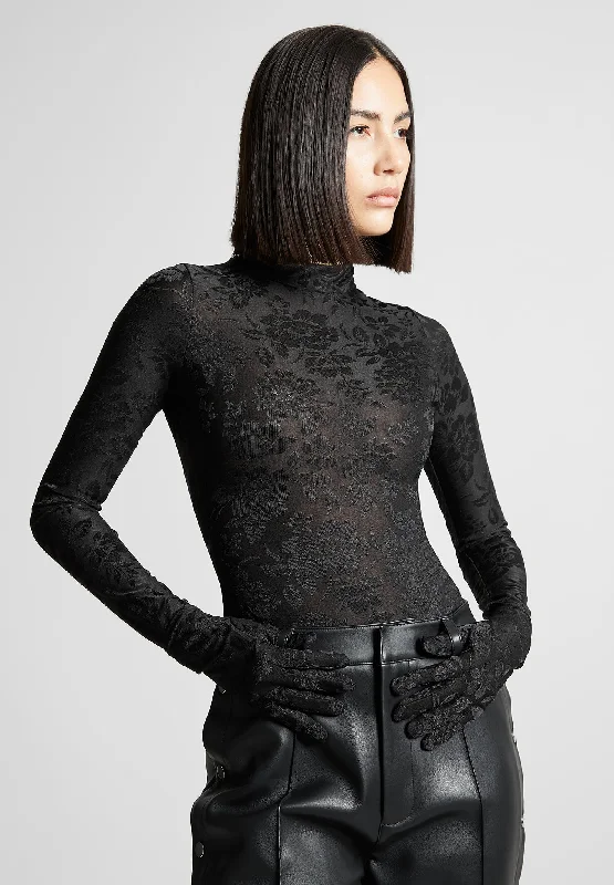 Chic Trends For The Fashion Savvy Jacquard Bodysuit with Gloves - Black