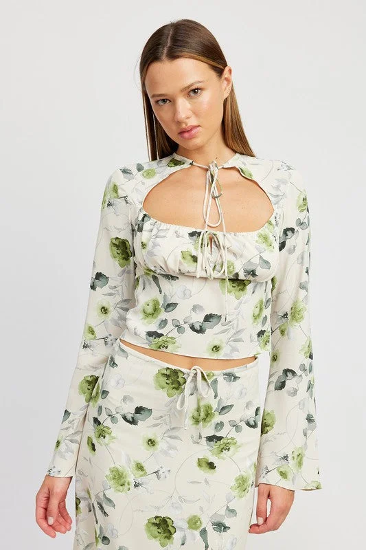 Valentine's Special Hot Girl Green Ivy Floral Tie Neck Long Sleeve Blouse