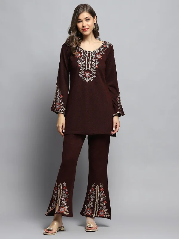 Update With Cottagecore Styles Women Maroon Self Design Round Neck Full Sleeve Kurti Set