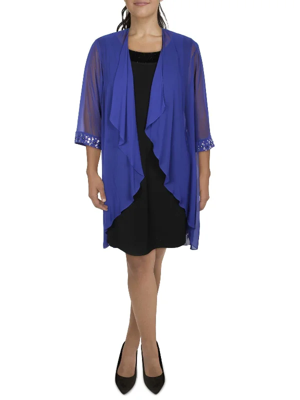 Holiday Glam Plus Womens Sheer Drapey Duster Blazer