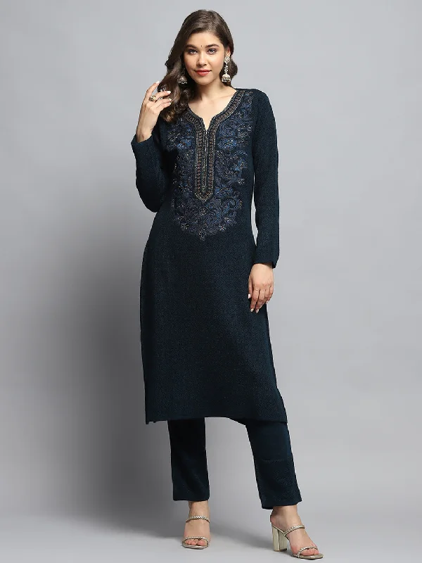 Low Price Special Women Teal Blue Self Design V Neck Full Sleeve Kurti Set