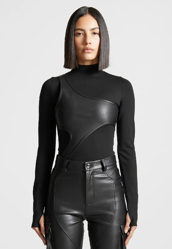 Style Your Wardrobe Leather Overlay High Neck Bodysuit - Black