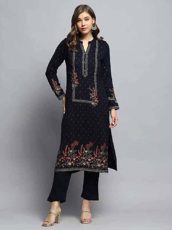 The Good Stuff Women Navy Blue Self Design Round Neck Full Sleeve Kurti Set