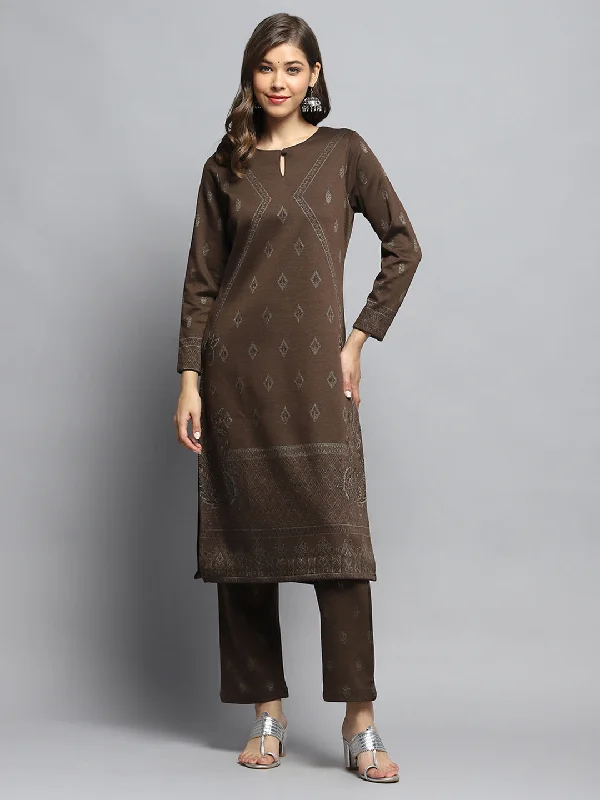 Flash Sales Women Brown Self Design Round Neck Full Sleeve Kurti Set