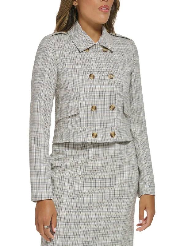 Trendy Styles Womens Plaid Cropped Double-Breasted Blazer