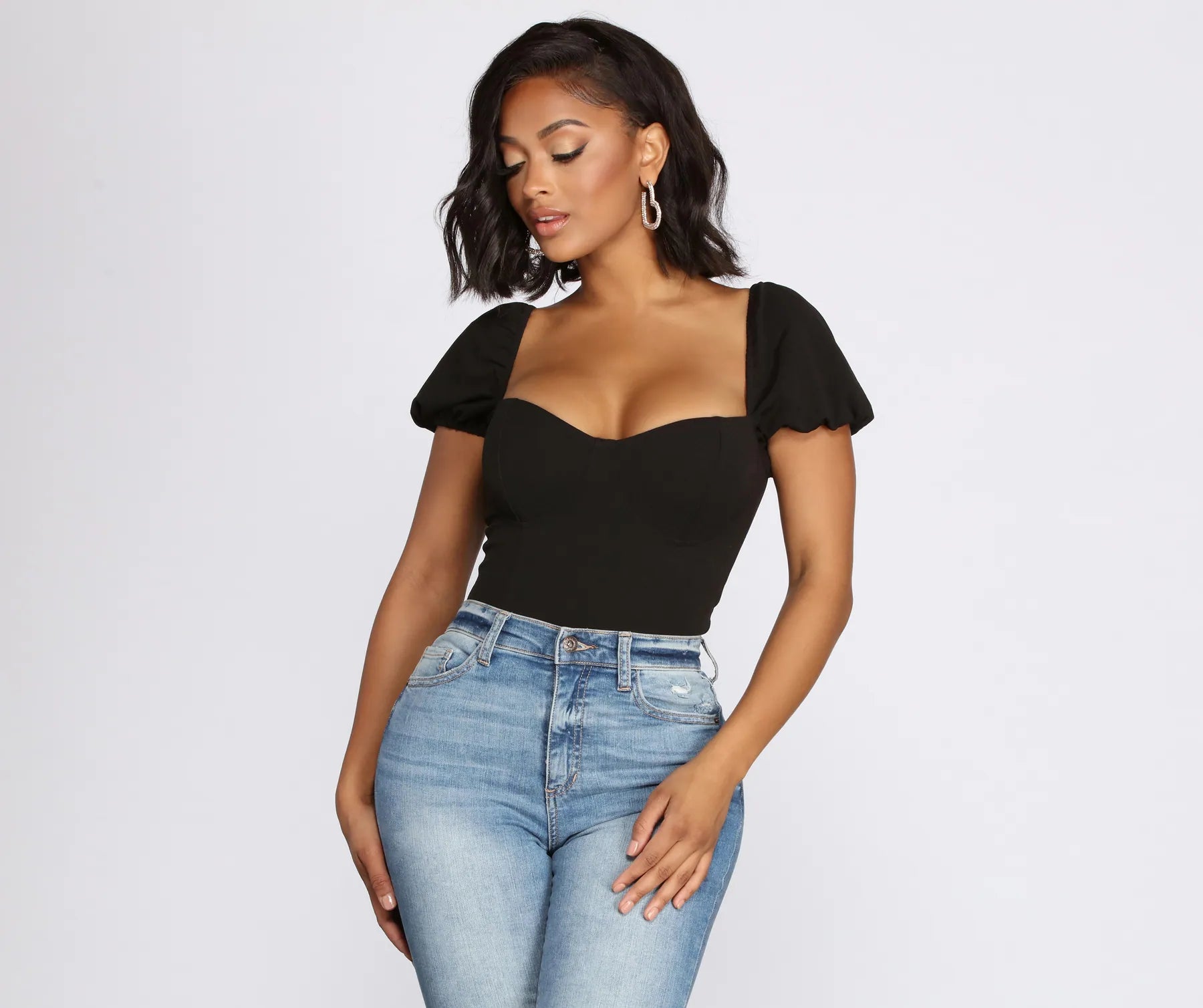 Day-To-Night Styles Crepe Puff Sleeve Bodysuit