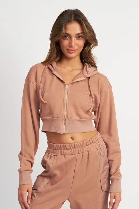 Exclusive Designer Collection Hot Girl Emory Contrasted Zip Up Cropped Hoodie In Dusty Peach