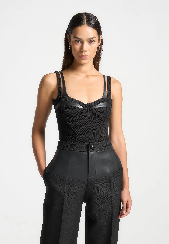 Runway Inspired Wear Twin Strap Ribbed Bodysuit - Black