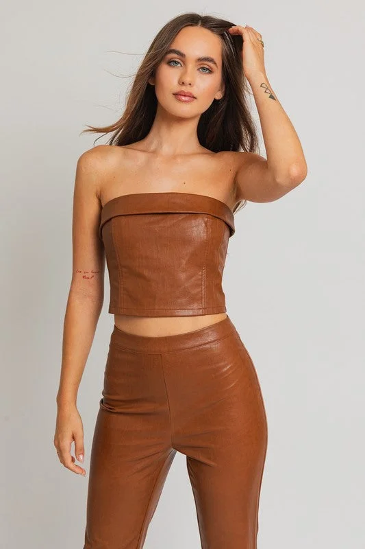 Limited Time Offer Hot Girl Vixen Vegan Leather Corset Tube Top In Camel