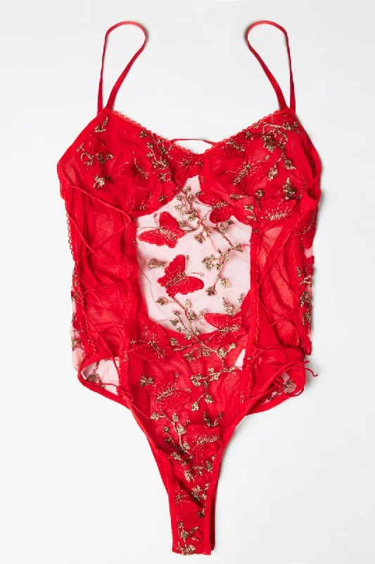 Score Big On Glamorous Red - Carpet Styles Red Embroidery Bodysuit