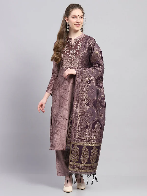 New Season Fashion Preview Women Purple Embroidered Round Neck Full Sleeve Kurti Set with Stole