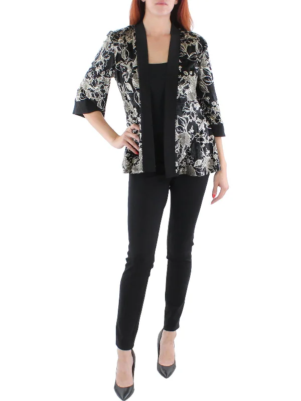 Versatile Wardrobe Essentials Petites Womens Velvet Metallic Open-Front Blazer