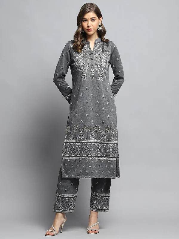 Fast Fashion Favorites Women Grey Self Design Mandarin Collar Full Sleeve Kurti Set