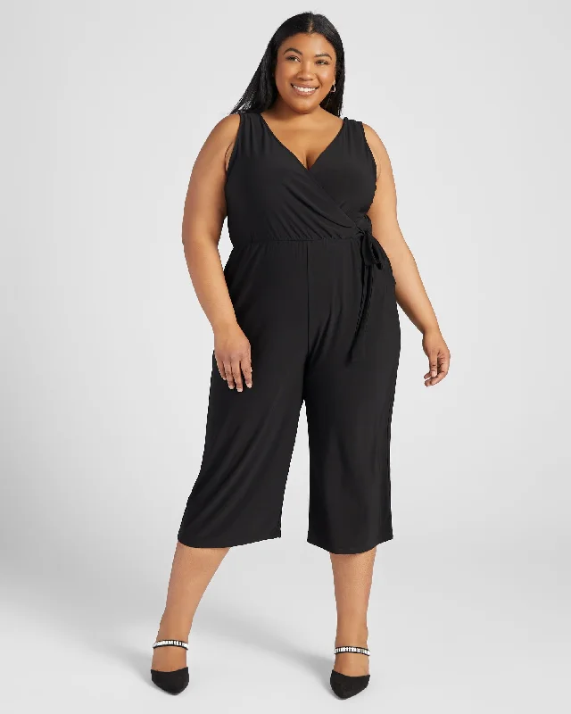 Runway Inspired Wear Plus Size Sleeveless Faux Wrap Cropped Jumpsuit