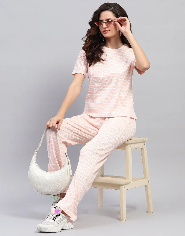 Comfortable Chic Women Pink Printed Round Neck Half Sleeve Cords Set