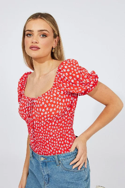 Wardrobe Essentials Red Ditsy Bodysuit short Sleeve