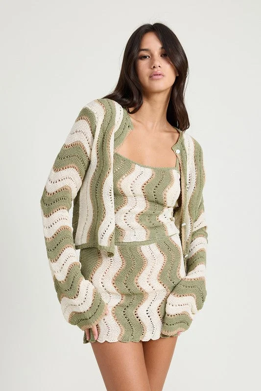 Unleash Your Fashion Hot Girl Calabasas Crochet Bell Sleeve Striped Cardigan In Sage