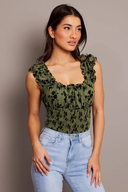 Summer Splash Sale Green Ditsy Bodysuit Short Sleeve Shirred