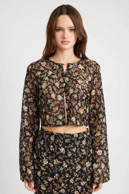 Versatile Wardrobe Essentials Hot Girl Night Tulip Floral Lace Embroidered Long Sleeve Crop Top In Black