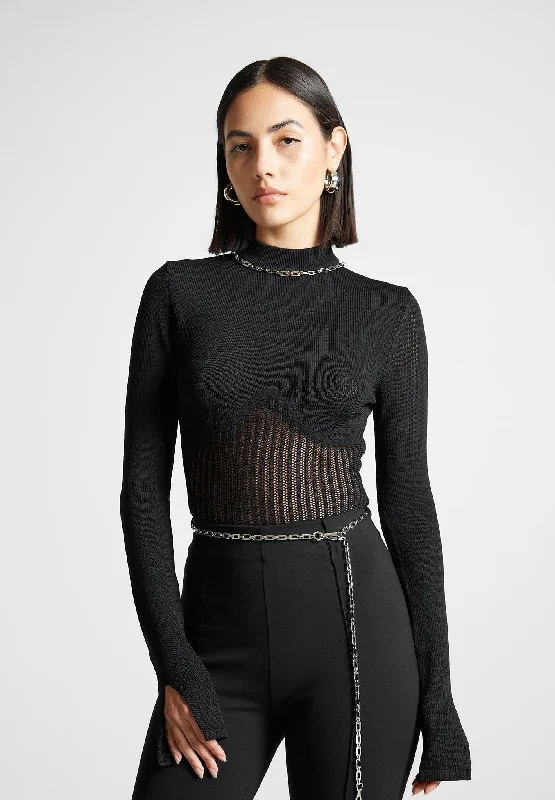 Break Fashion Norms Contour Knit Bodysuit with Chain - Black