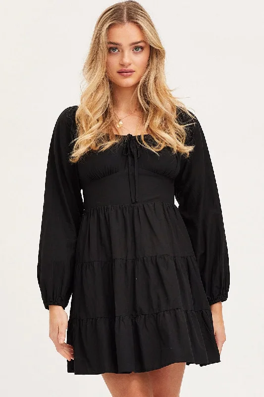 Signature Style Essentials Black Fit And Flare Dress Long Sleeve Square Neck