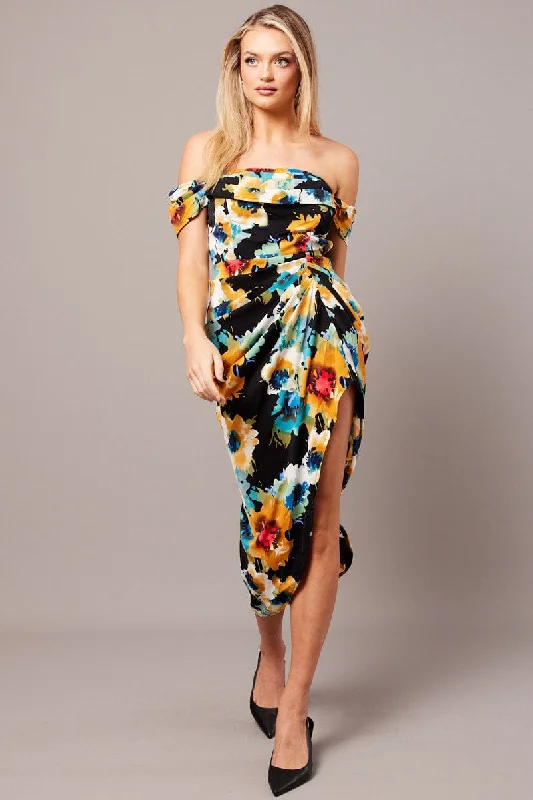 Minimalist Elegant Black Floral Bardot Midi Dress Draped Off Shoulder Dress