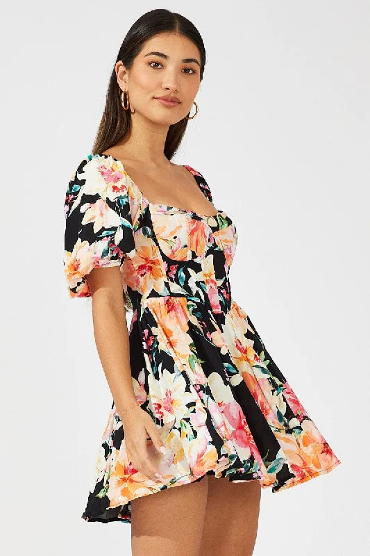 Wardrobe Refresh Black Floral Puff Sleeve Skater Dress