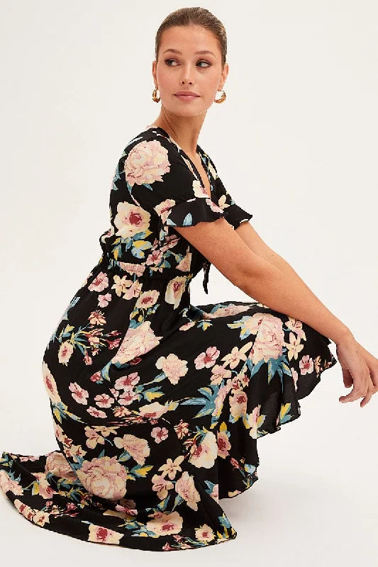 Minimalist Office - Ready Style Black Floral Tie Front Floral Midi Dress