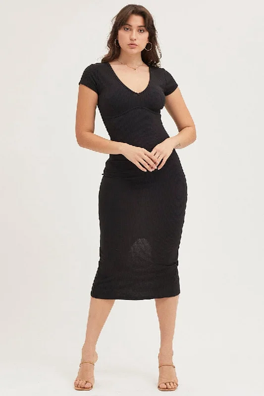 Trend Setting Threads Black Jersey Dress Short Sleeve Midi Ribbed