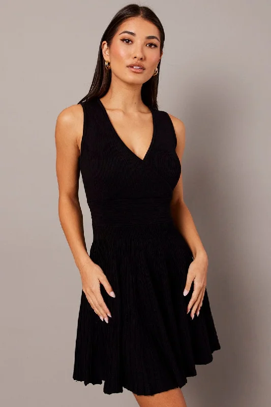 Wardrobe Update Black Knit Dress Sleeveless Fit and Flare