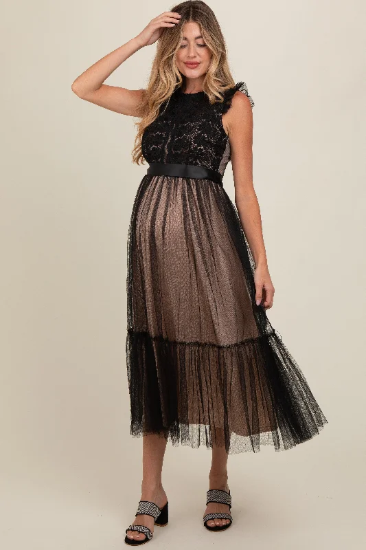 Trend Setting Wardrobe Black Lace Contrast Tulle Maternity Maxi Dress