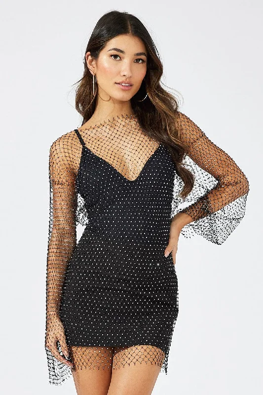 Flash Sale, Don't Miss Black Rhinestone Mesh Fishnet Dress