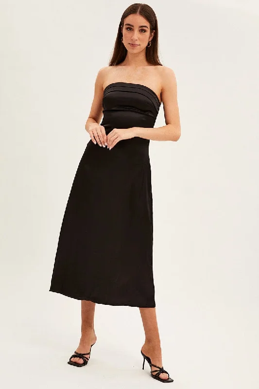 Forward Trendsetter Black Satin Straight Midi Dress