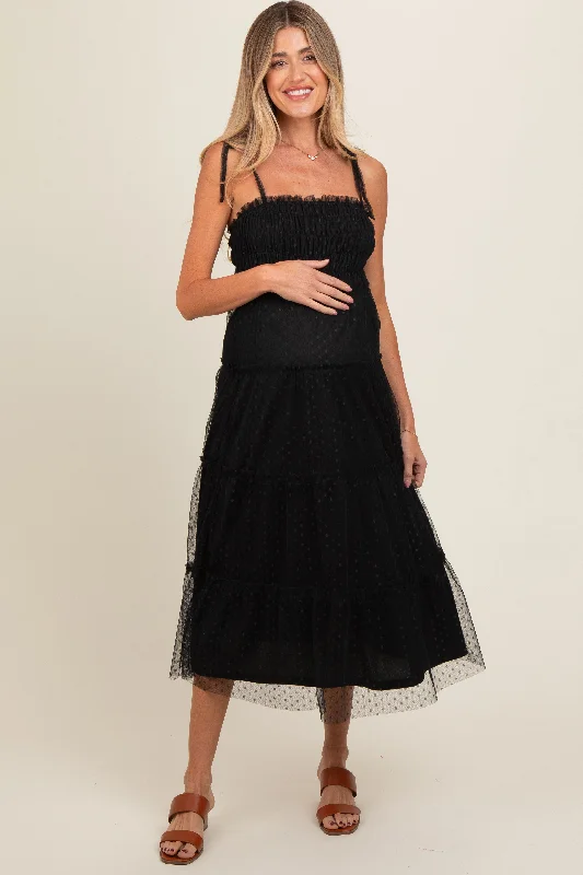 Elegant Attire For The Modern Lady Black Smocked Polka Dot Mesh Shoulder Tie Maternity Midi Dress