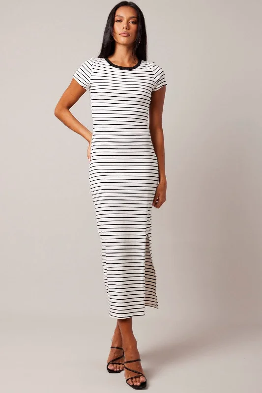 Chic Trend Collection Black Stripe Bodycon Dress Short Sleeve