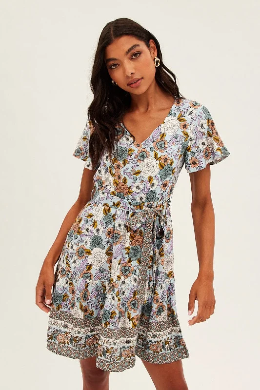 Exclusive Sale Blue Boho Boho Textuerd Skater Dress