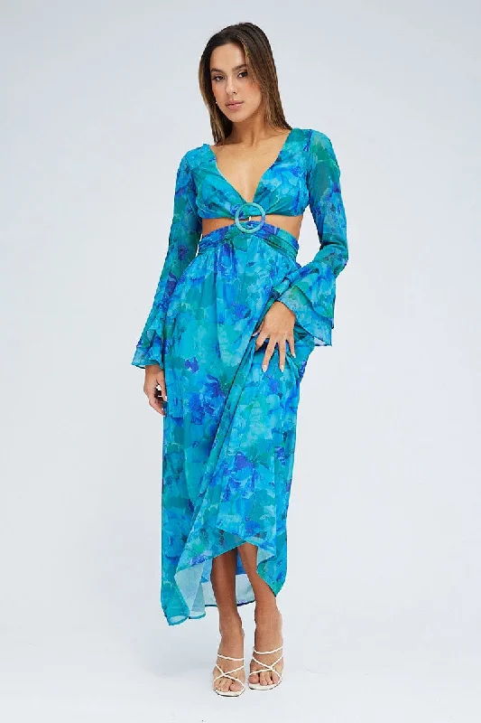 Effortless Style Blue Floral Maxi Dress Flared Sleeve Ring Detail Chiffon