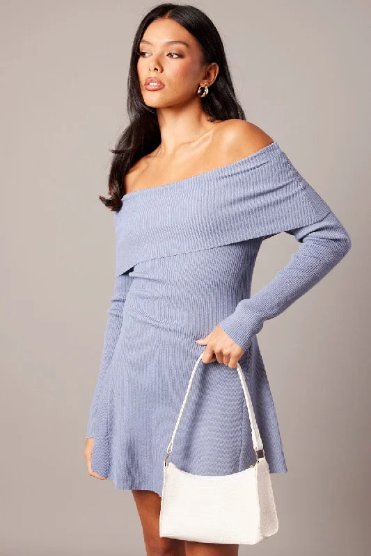 Innovate Your Wardrobe Blue Knit Dress Long Sleeve Off Shoulder