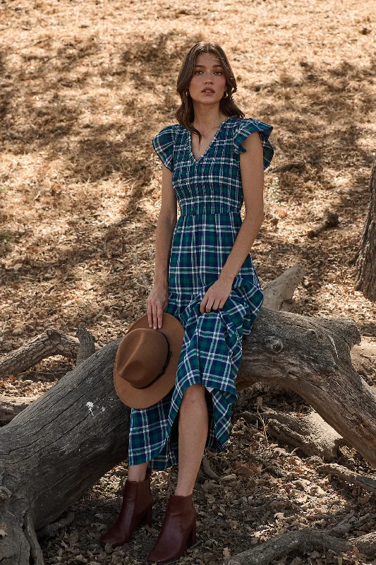 Buy More, Save More Buckley Plaid Sunfire Smocked Bodice Tiered Midi Dress