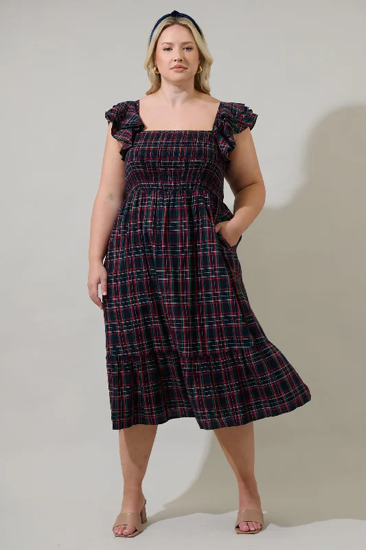 New Season Fashion Preview Sale Chapman Plaid Girona Smocked Ruffle Midi Dress Curve