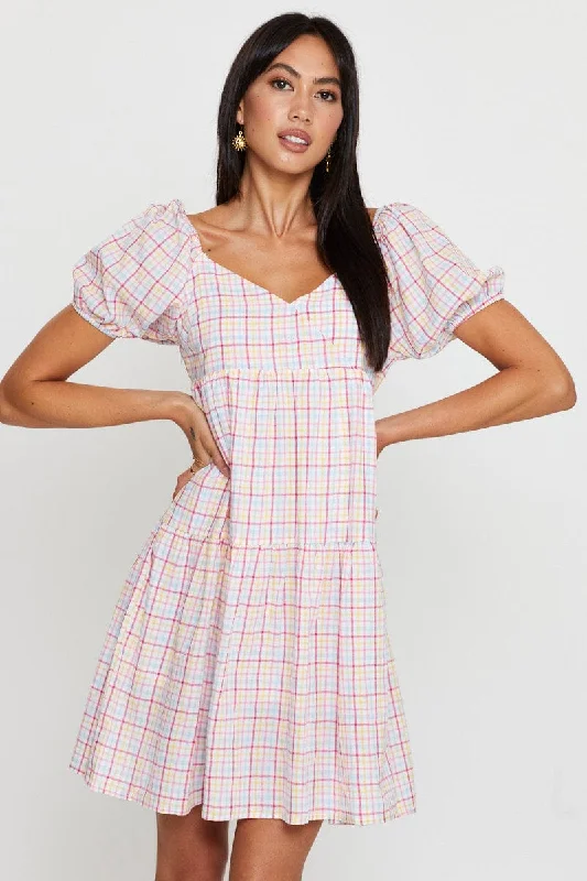 Mega Sale Check Fit And Flare Dress Short Sleeve Sweetheart Neck