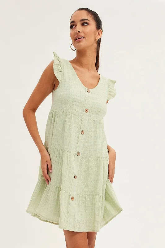 Quality Wear Green Button Front Mini Swing Dress