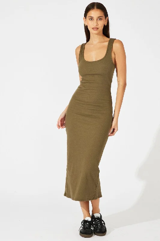 Big Savings On Minimalist Office Styles Green Midi Dress Sleeveless Bodycon Rib