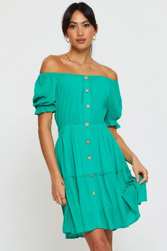 Hollywood Glam Award - Show Style Green Mini Dress Off Shoulder Linen