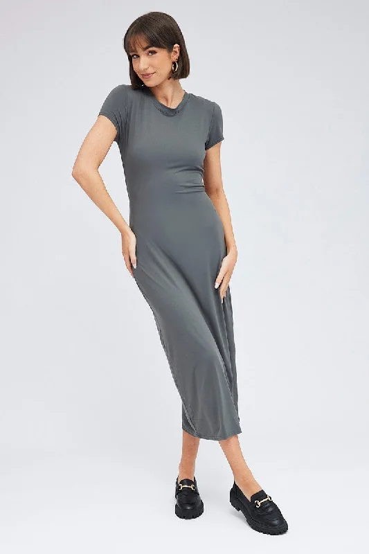 Luxury Comfort Grey Maxi Dress Short Sleeve Bodycon SuperSoft